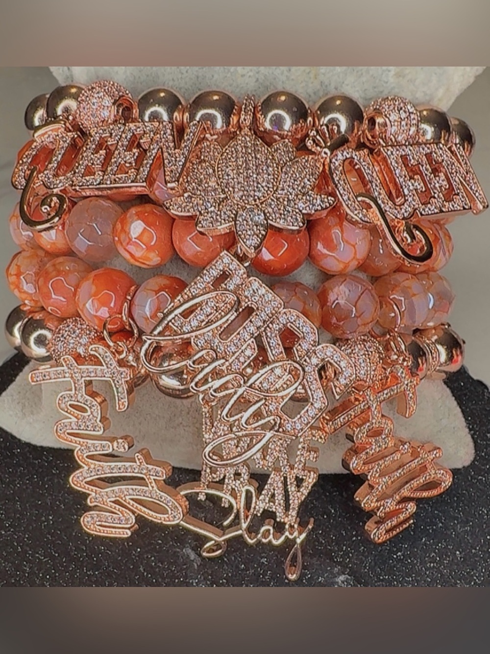 Rose Gold Hematite Charm Stack bracelets with Cz Crystal Pave charms